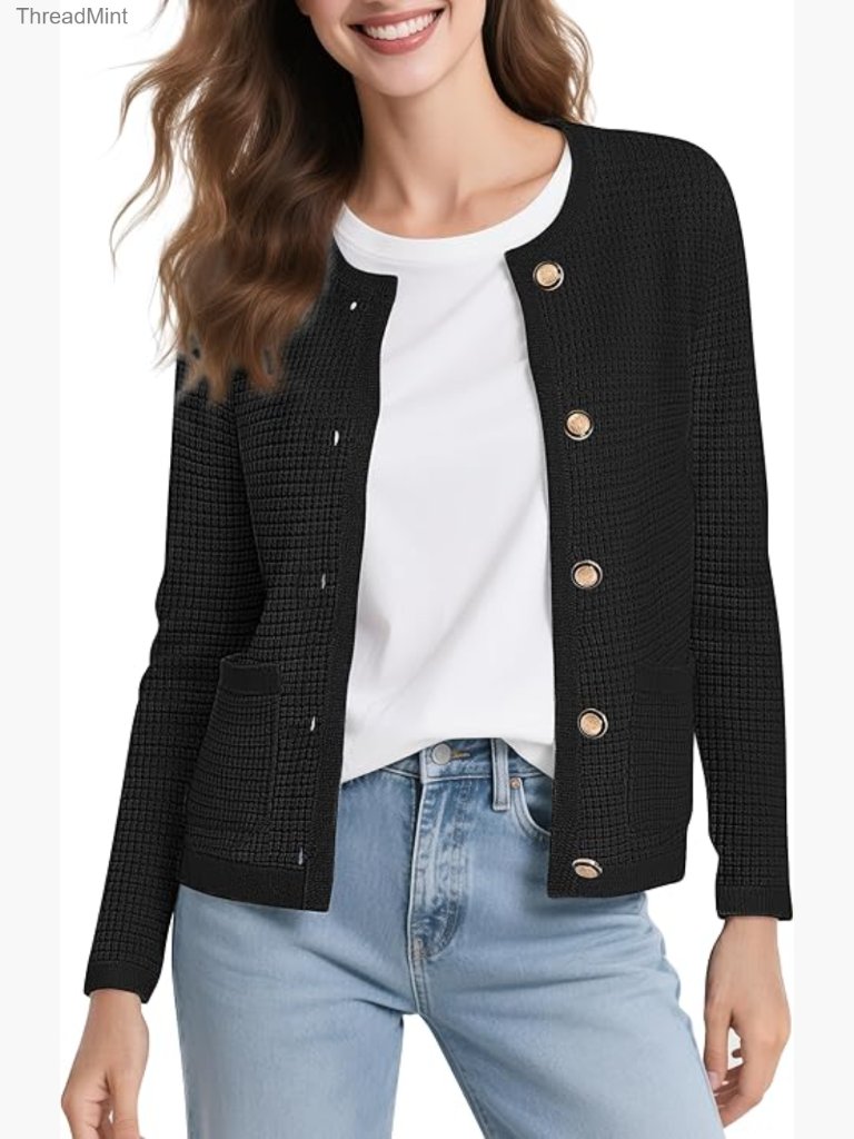 Long Sleeve Crew Neck Cardigan Sweater Button Down Knitted Lightweight